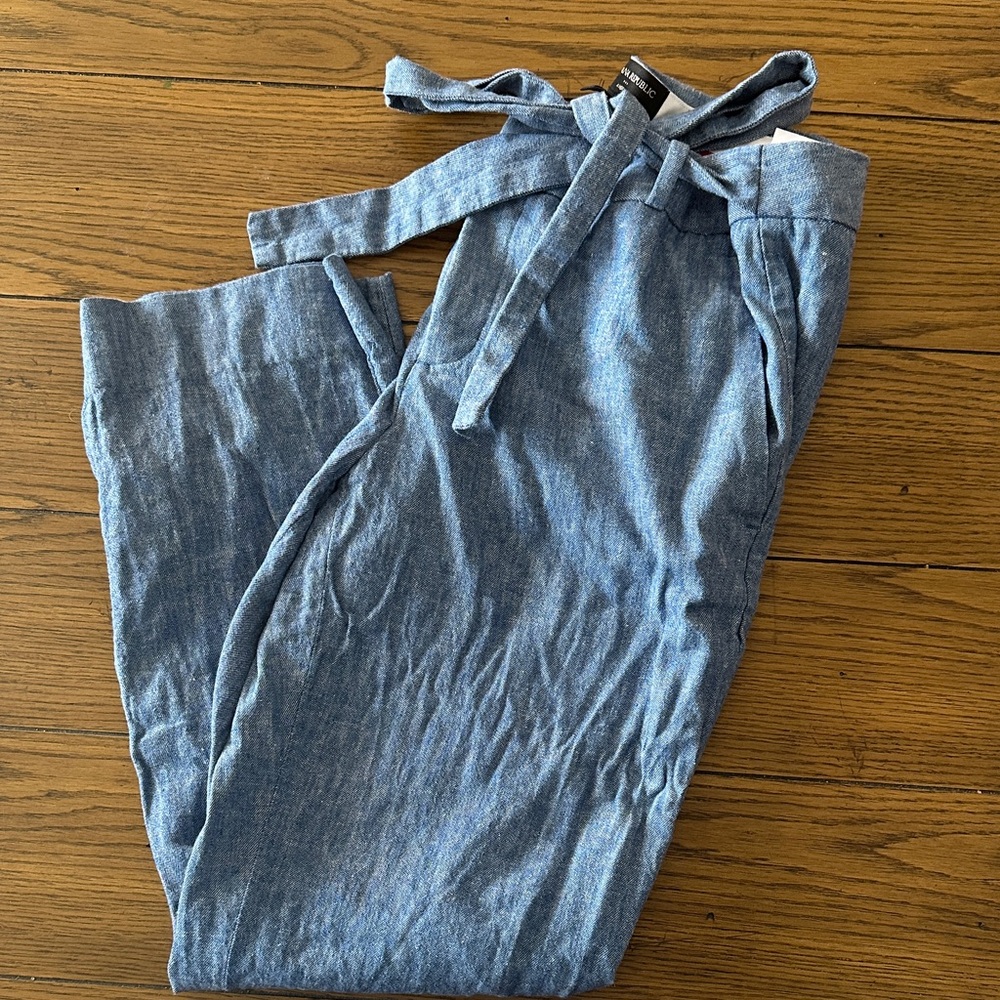 Banana Republic High-Waist Tie Belt Chambray Linen Blend Pants - Heather Blue